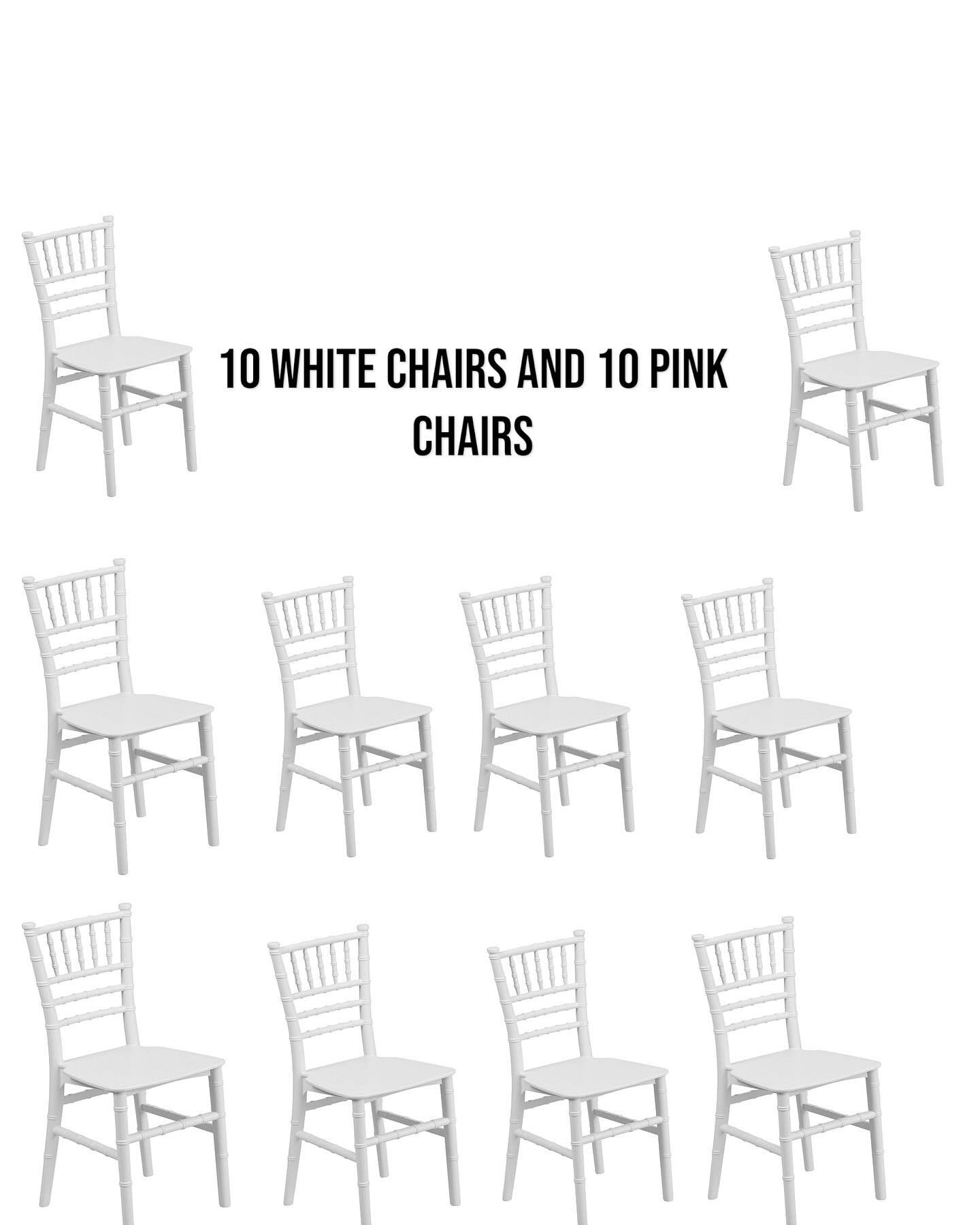 White chiavari chairs arranged in rows on a plain background with text listing quantities of white and pink chairs available