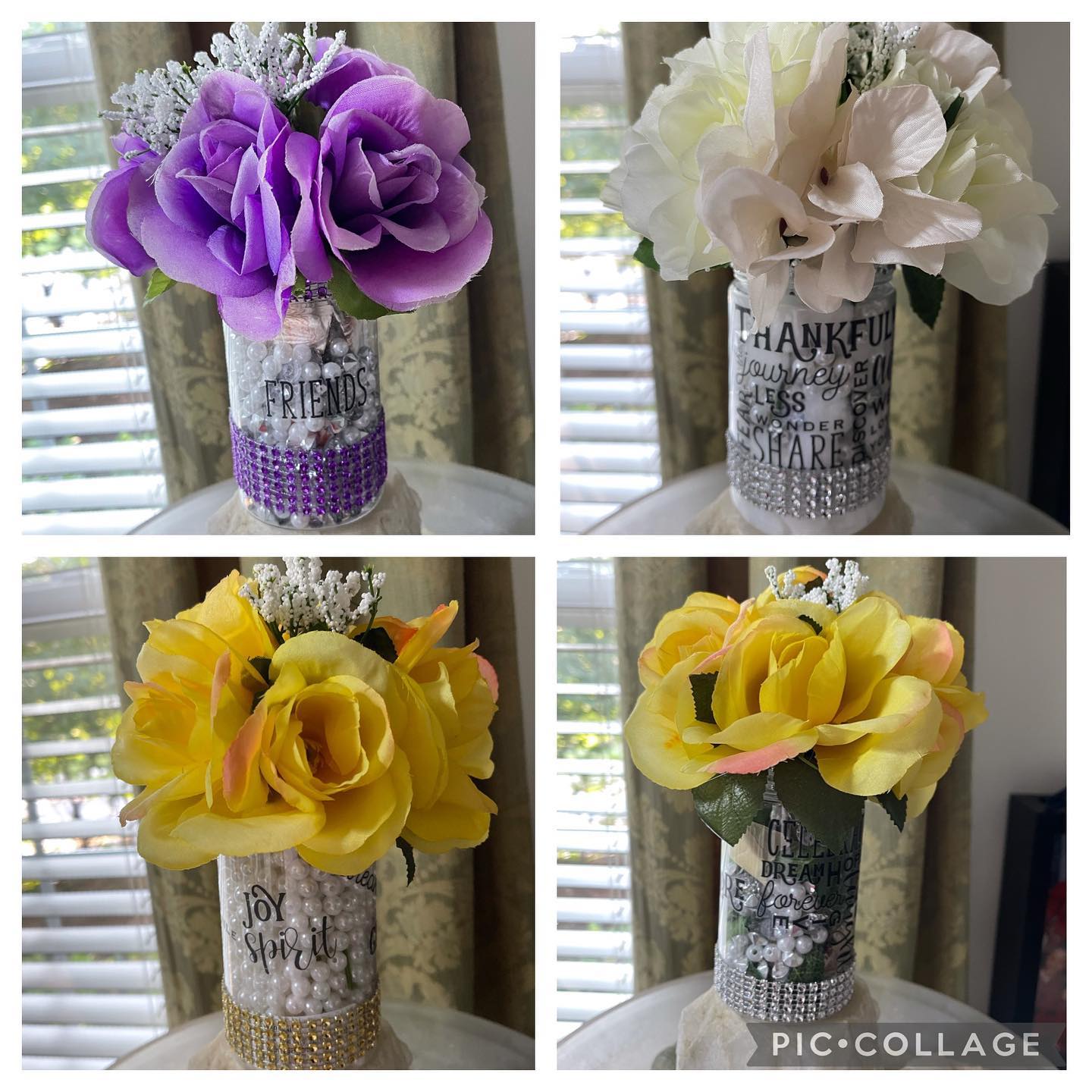 Collage of four floral centerpieces in mason jars wrapped in rhinestone trim with purple, white, and yellow roses and inspirational text
